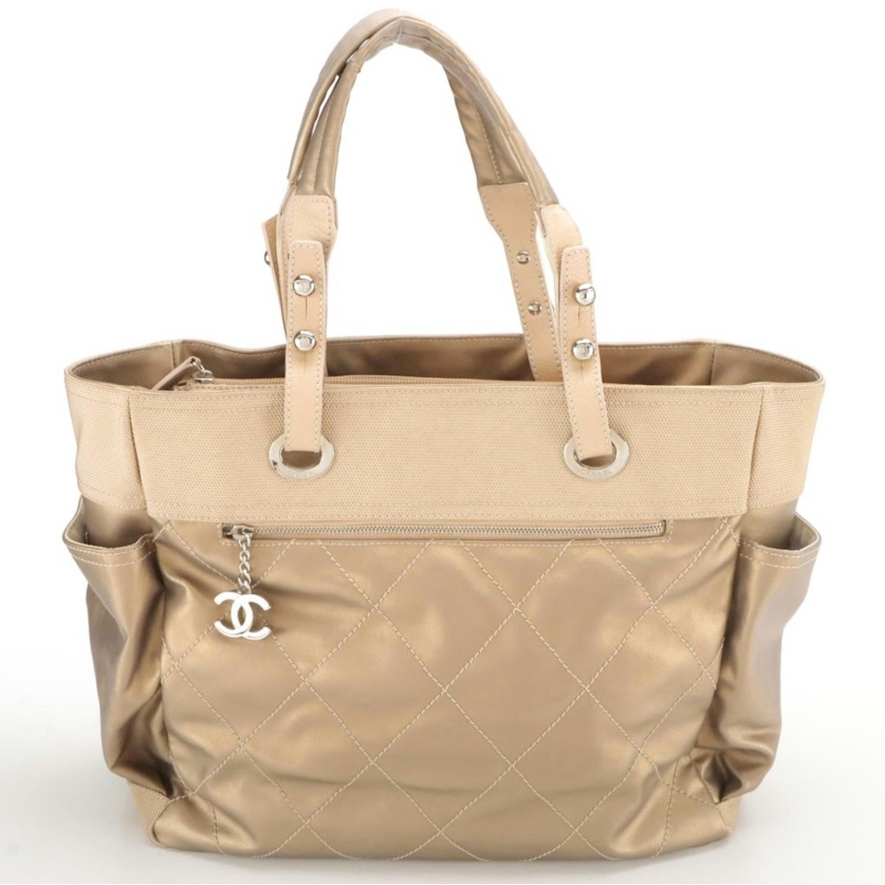CHANEL Paris Biarritz Side Pocket Tote GM in Quilted Metallic Canvas with Pouch